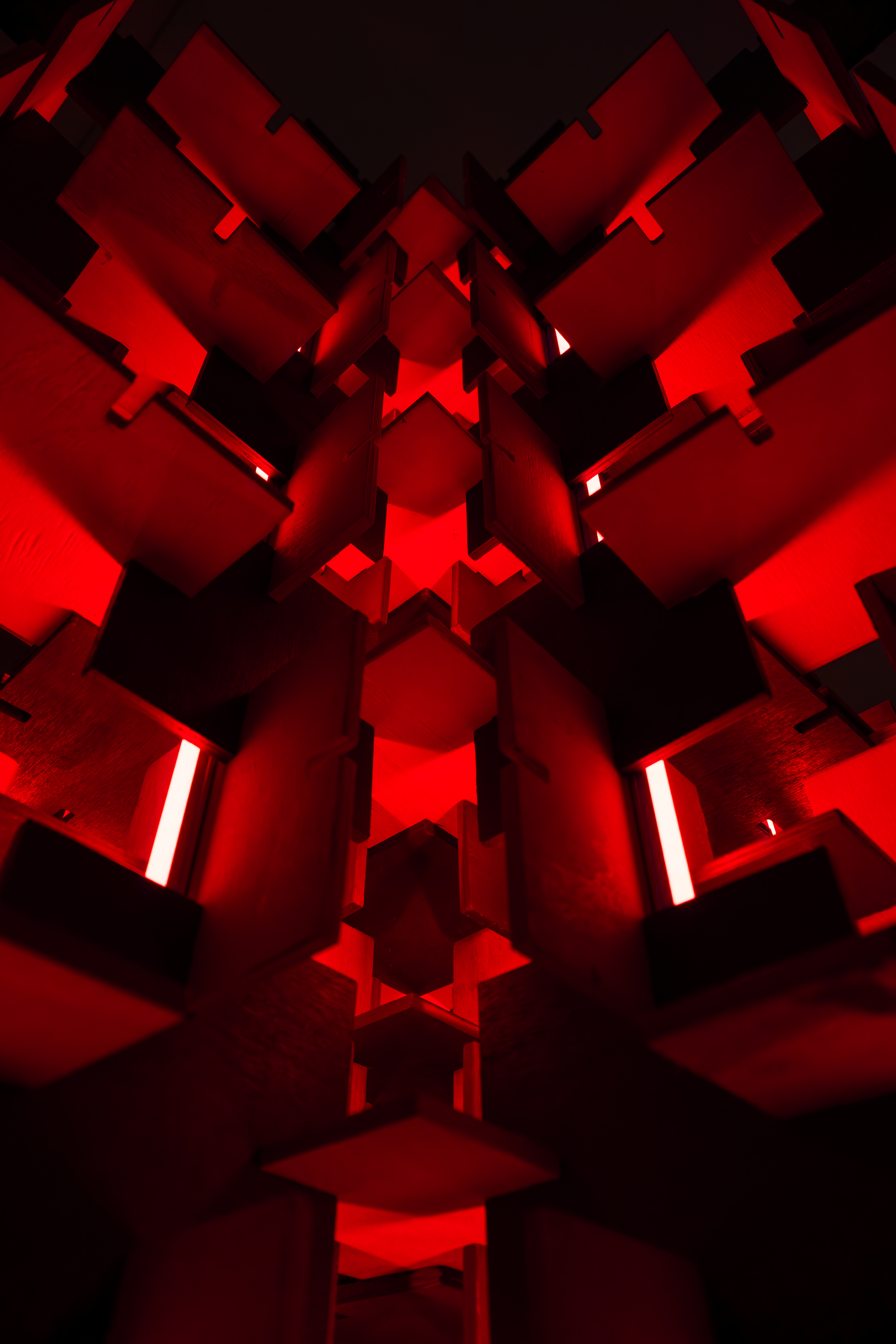 Detail inside the red modular canopy with LED branches — Bir Arada — Together