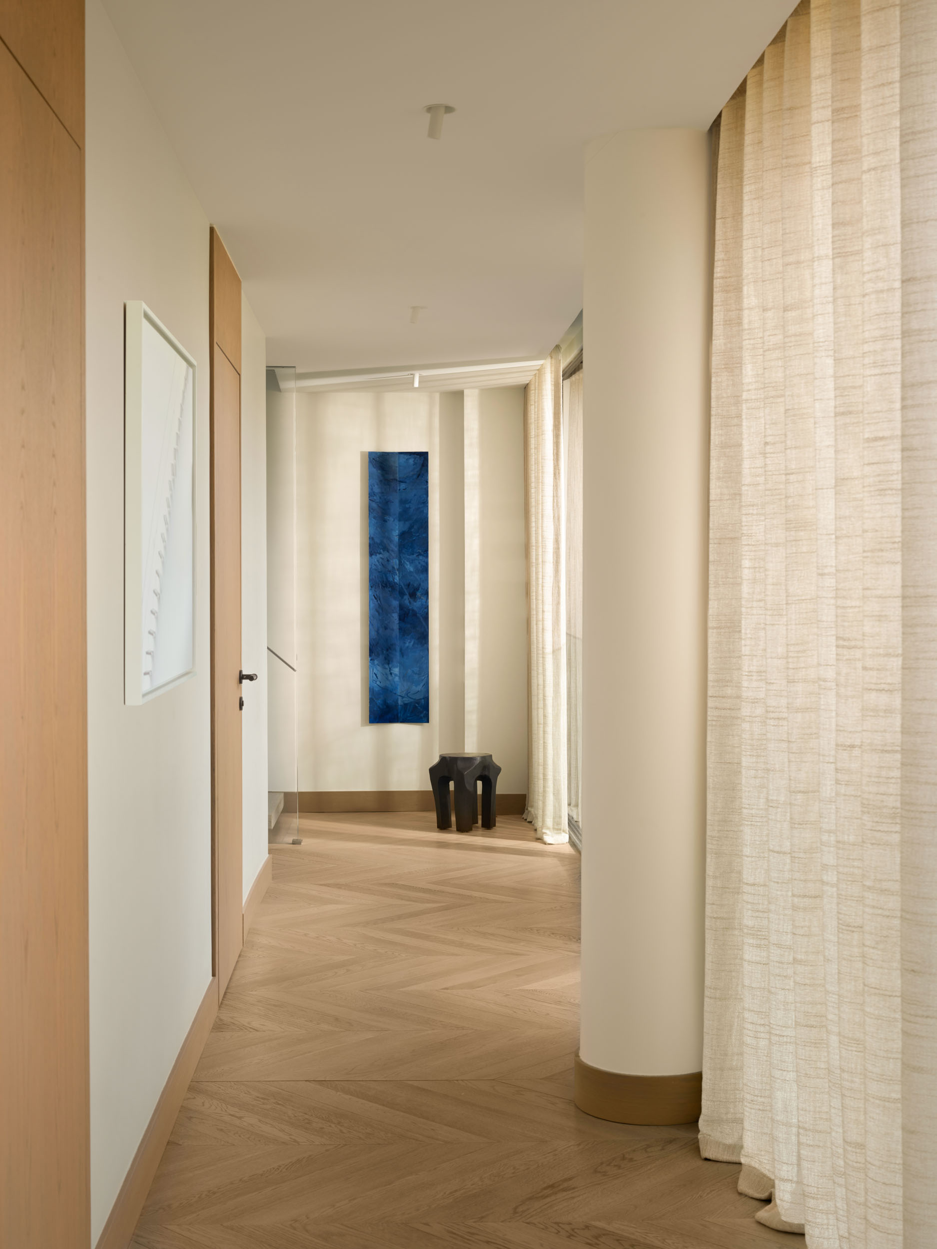 Curtained corridor with herringbone parquet — Zekeriyakoy TP House, Istanbul